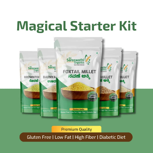 Saraswathi Organics Foxtail Millet packaging with other products on a green background