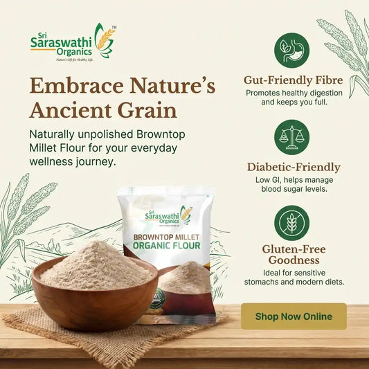 Sri Saraswathi Organics browntop millet flour package with a bowl of flour on a wooden surface.