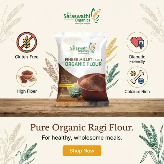 Sri Saraswathi Organics Finger Millet Organic Flour package with health benefits on a decorative background