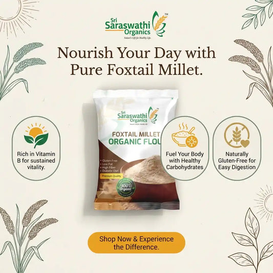 Sri Saraswathi Organics Foxtail Millet Organic Flour package with branding and product details on a light background.