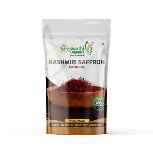 Sri Saraswathi Organics Kashmiri Saffron packaging on a white background