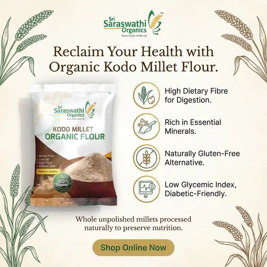 Sri Saraswathi Organics Kodo Millet Organic Flour package with product details on a light background.