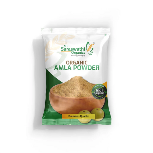 Sri Saraswathi Organics Organic Amla Powder packaging on a white background