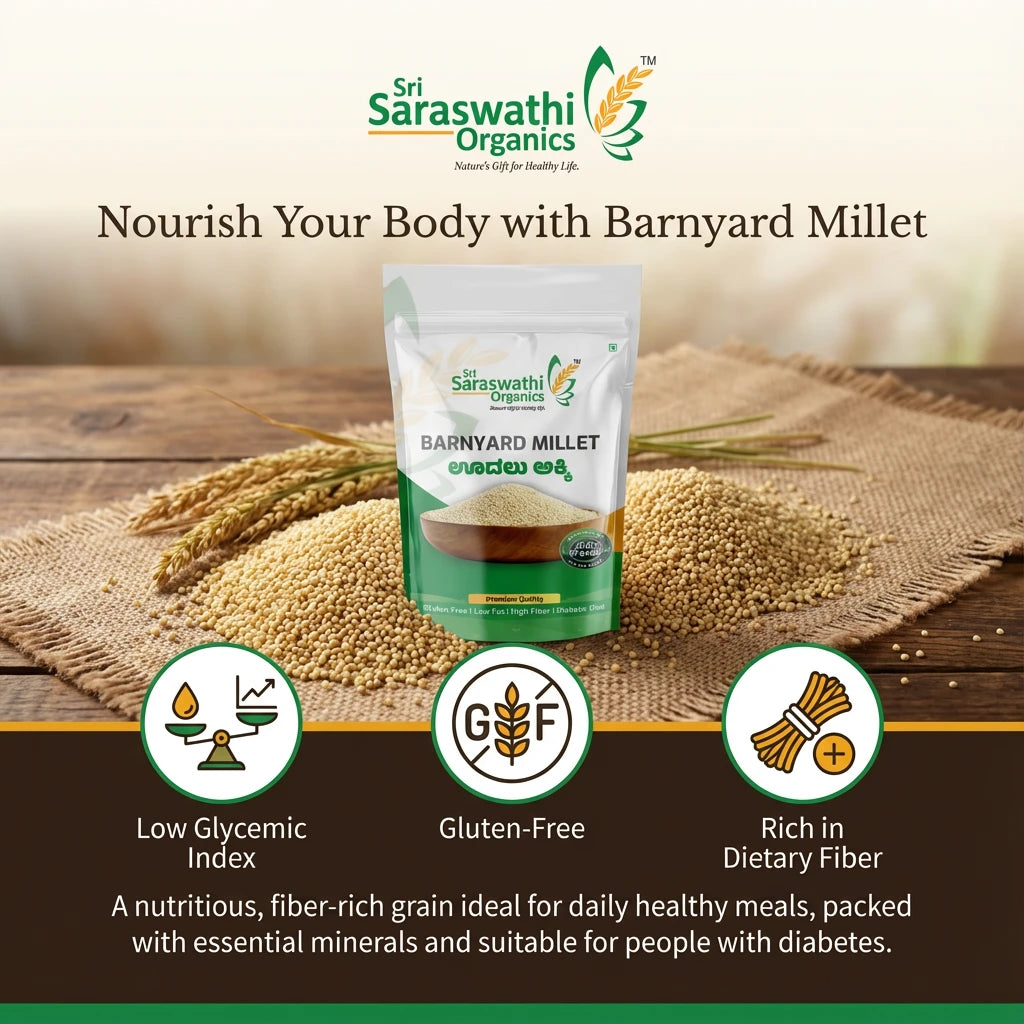 Sri Saraswathi Organics barnyard millet packaging with grains on a wooden surface