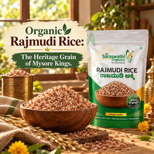 organic rajmudi rice placed inside a wooden bowl