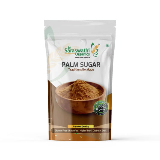 Packaging of Sri Saraswathi Organics palm sugar on a white background