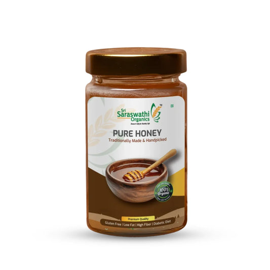 Jar of pure honey with a label on a white background