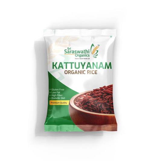 Sri Saraswathi Organics Kattuyanam Organic Rice packaging on a white background