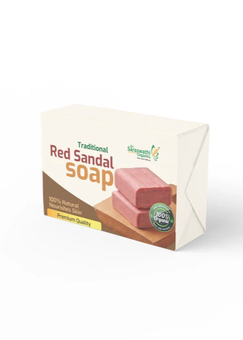 Red sandal soap bar with packaging on a white background