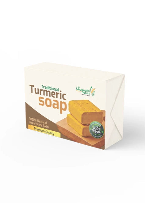 Box of turmeric soap on a white background