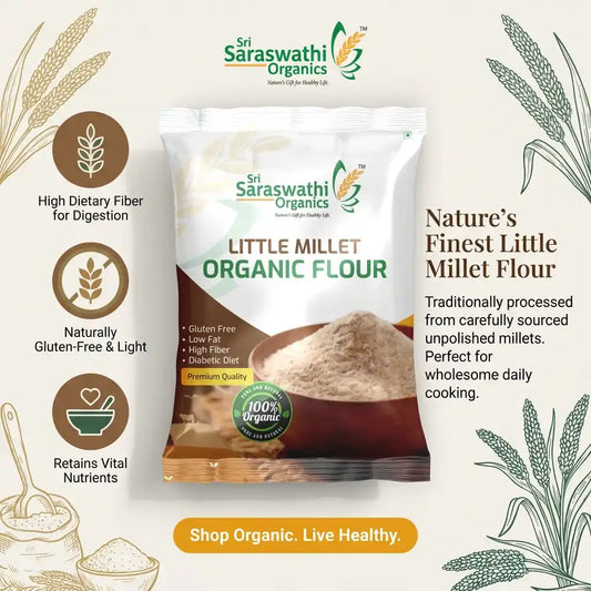 Sri Saraswathi Organics Little Millet Organic Flour package with branding and product details on a light background.