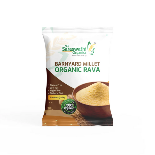 Packaging of Sri Saraswathi Organics Barnyard Millet Organic Rava on a white background