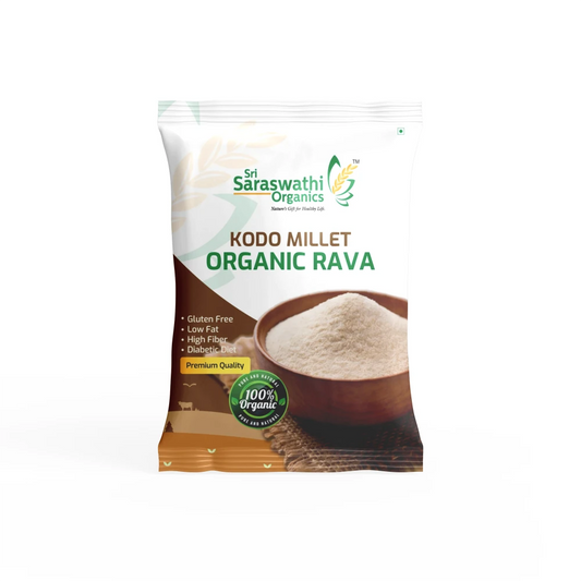 Packaging of Sri Saraswathi Organics Kodo Millet Organic Rava on a white background