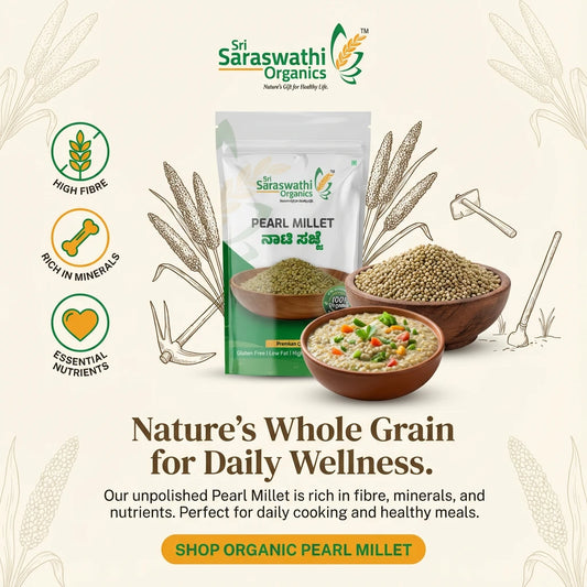 Sri Saraswathi Organics pearl millet packaging with bowls of food and text on a light background