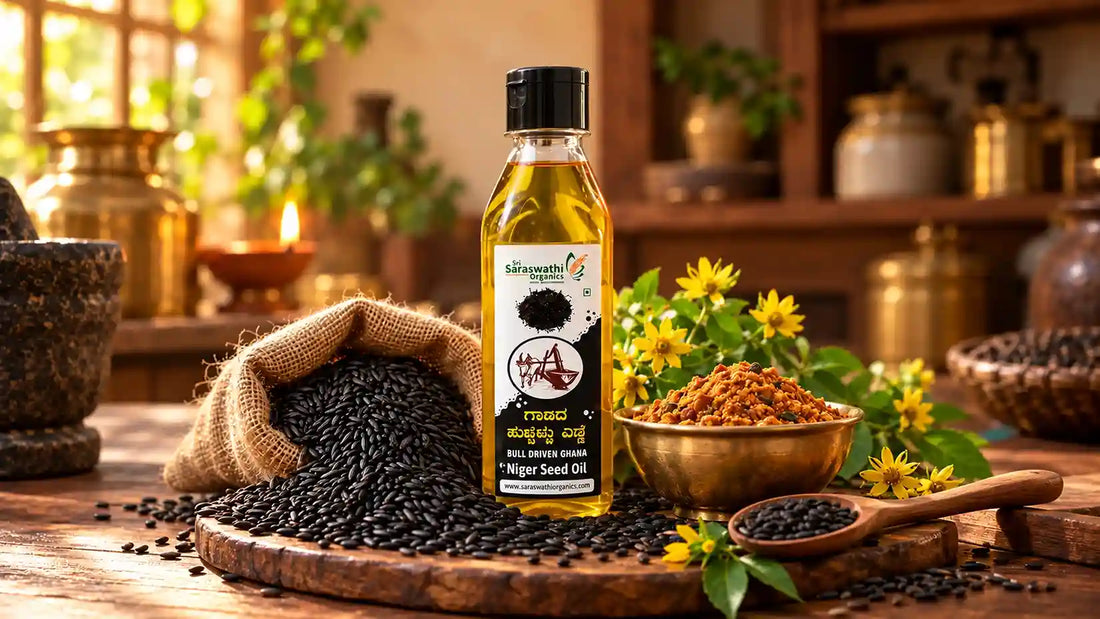 Sri Saraswathi Organics Unpolished Niger Seed Oil (Uchellu/Gurellu) with Raw Seeds and Chutney Pudi.
