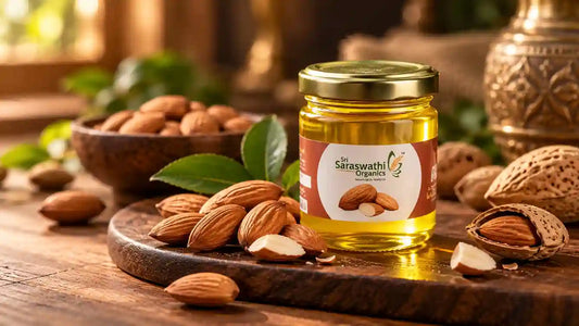 Pure Bull-driven Almond Oil (Badam Oil) for hair and face care by Sri Saraswathi Organics with raw whole almonds and shells.