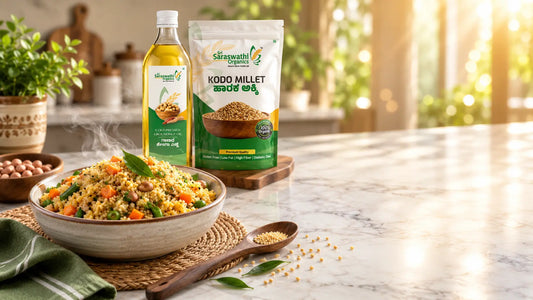 Nutritious Kodo Millet Upma served in a bowl next to Sri Saraswathi Organics Kodo Millet pouch and Cold Pressed Groundnut Oil on a sunlit marble countertop