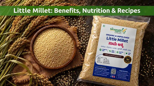 Sri Saraswathi Organics Unpolished Little Millet (Same/Samai) Packaging and Raw Grains