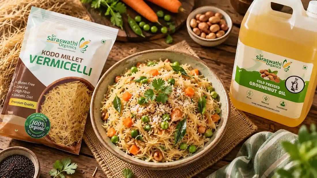 millet vermicelli in a bowl placed on a wooden table