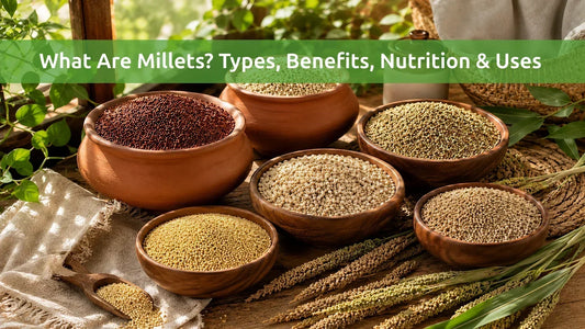 Different types of unpolished millet grains displayed in traditional clay and wooden bowls