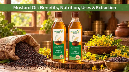 Display of Sri Saraswathi Organics Mustard Oil Bottles along with mustard seeds and mustard flowers in background