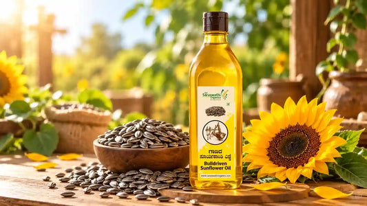 Sri Saraswathi Organics Bull-driven Sunflower Oil (Suryakanthi Enne) glass bottle with raw seeds and fresh sunflower in a rustic setting.