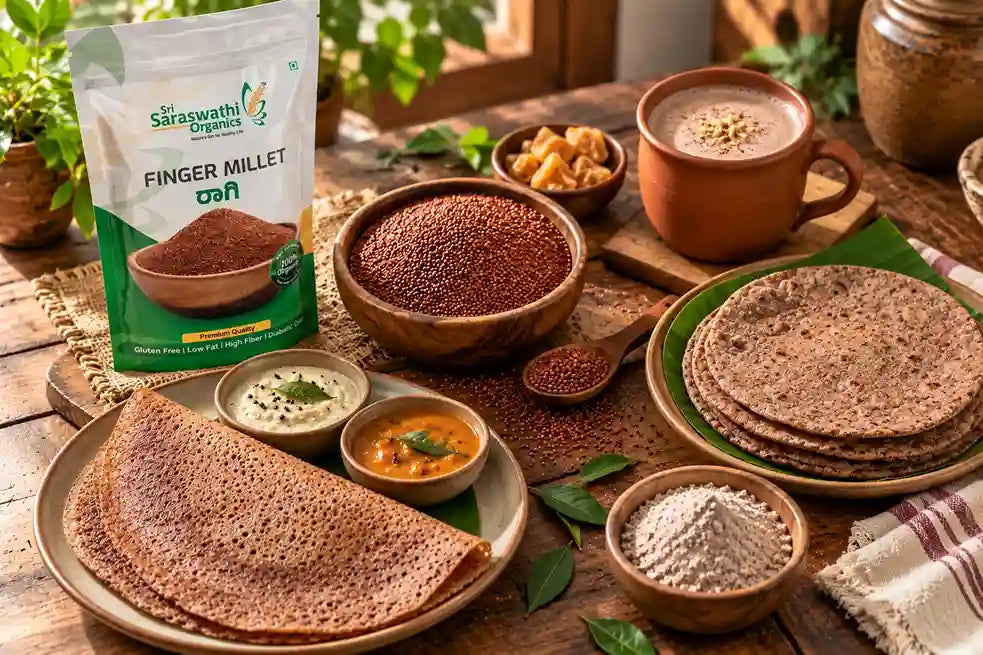 Sri Saraswathi Organics Finger Millet (Ragi) versatility flat lay showcasing raw grains, ragi rotis, dosas, and healthy malt.