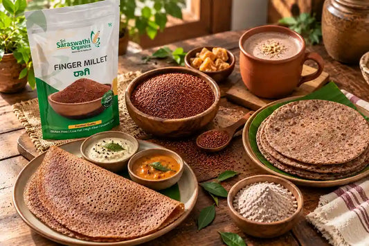 Sri Saraswathi Organics Finger Millet (Ragi) versatility flat lay showcasing raw grains, ragi rotis, dosas, and healthy malt.