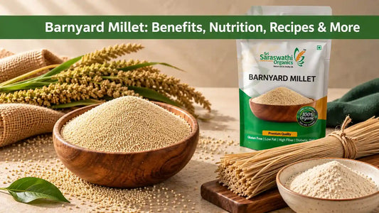 Multipurpose Barnyard Millet products: whole grain, noodles, and flour.