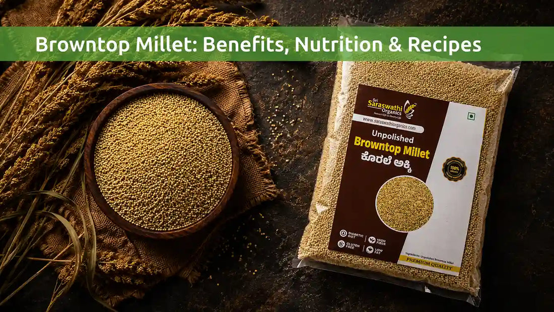 Unpolished organic Browntop Millet (Korale) seeds in a traditional wooden bowl - Sri Saraswathi Organics