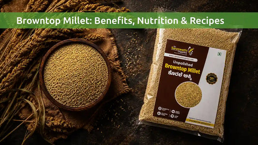 Unpolished organic Browntop Millet (Korale) seeds in a traditional wooden bowl - Sri Saraswathi Organics