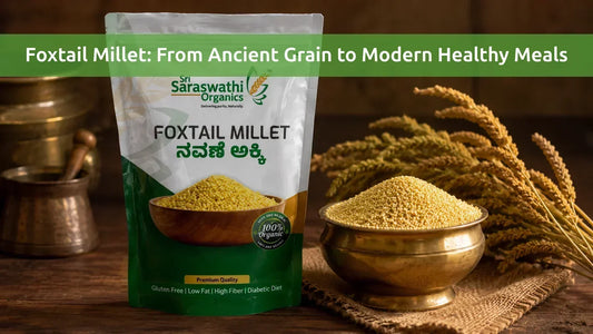 Sri Saraswathi Organics Foxtail Millet packaging on a rustic wooden table with a traditional Indian brass bowl of raw unpolished millet.