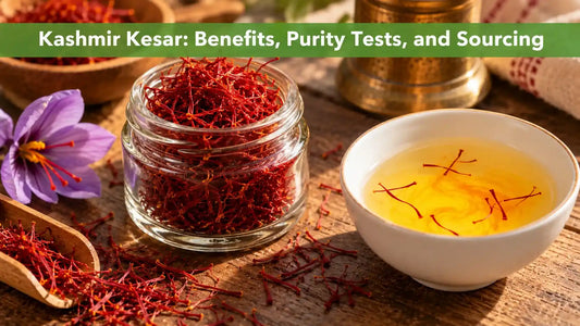Kashmir Kesar saffron threads in a glass jar with saffron-infused golden water, showcasing purity, quality, and traditional sourcing.