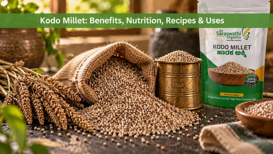 Traditional unpolished Kodo Millet (Varagu/Harka) grains in a rustic setting