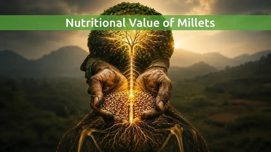 Unpolished millets in farmer hands representing bone health and nervous system vitality.