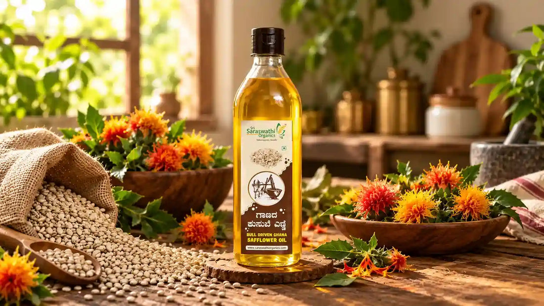 100% Pure Wood Pressed Safflower Oil with Safflower Flowers and Seeds - Sri Saraswathi Organics