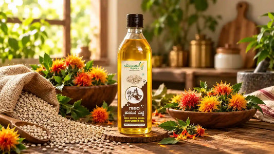 100% Pure Wood Pressed Safflower Oil with Safflower Flowers and Seeds - Sri Saraswathi Organics