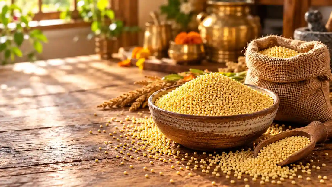 Unpolished Proso Millet (Baragu/Panivaragu) grains in a traditional wooden bowl with burlap jute sacks at Sri Saraswathi Organics.