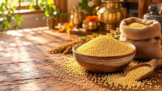 Unpolished Proso Millet (Baragu/Panivaragu) grains in a traditional wooden bowl with burlap jute sacks at Sri Saraswathi Organics.