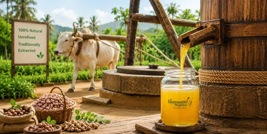 Traditional bull-driven oil extraction process using a wooden ghani and bulls