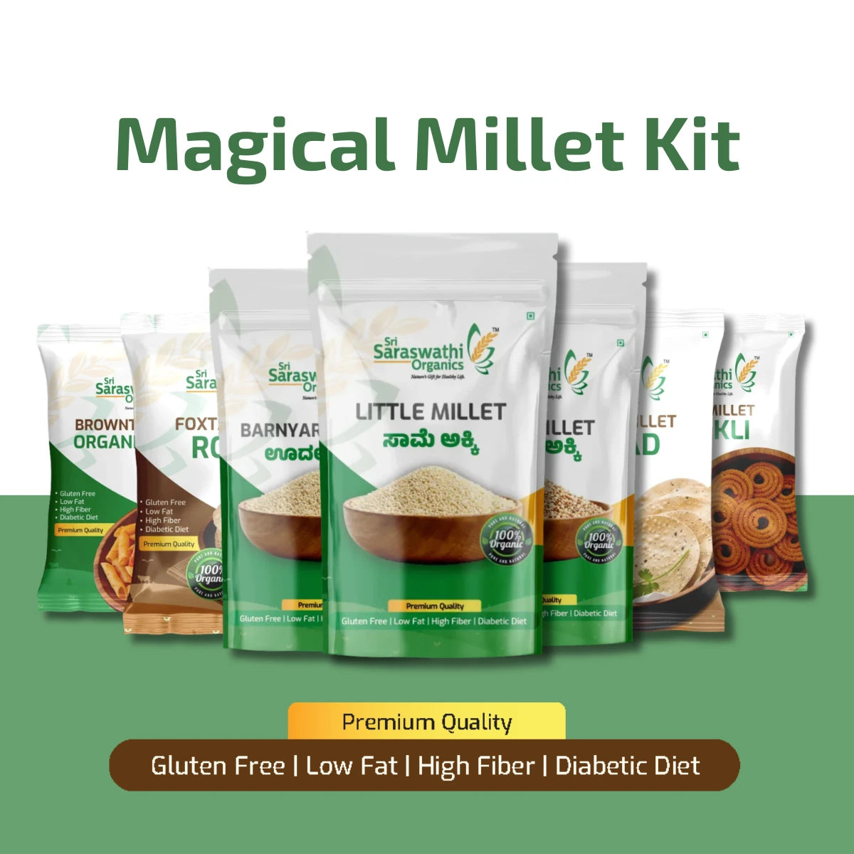 Saraswathi Organics Magical Millet Kit packaging with various types of millets on a green background.