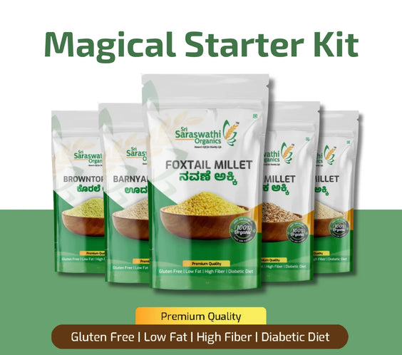 Saraswathi Organics Foxtail Millet packaging with other products on a green background