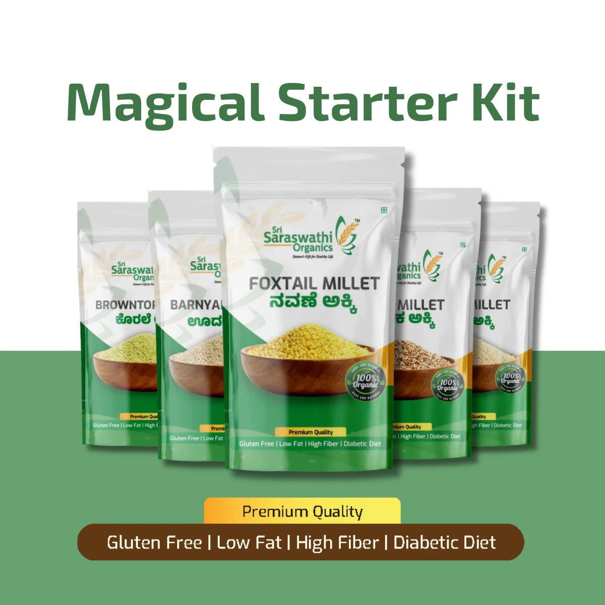 Saraswathi Organics Foxtail Millet packaging with other products on a green background