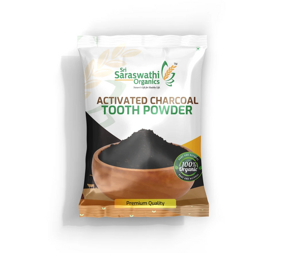Sri Saraswathi Organics Activated Charcoal Tooth Powder packaging on a white background