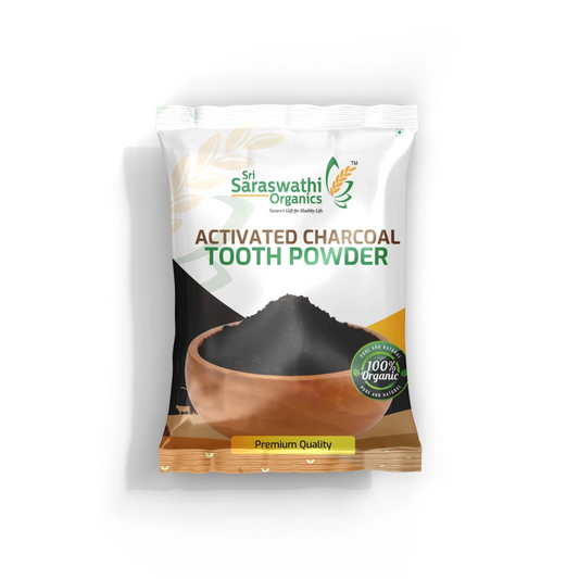 Sri Saraswathi Organics Activated Charcoal Tooth Powder packaging on a white background