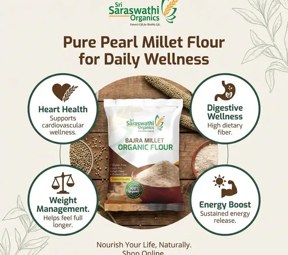 Sri Saraswathi Organics pure pearl millet flour packaging with health benefits on a beige background.