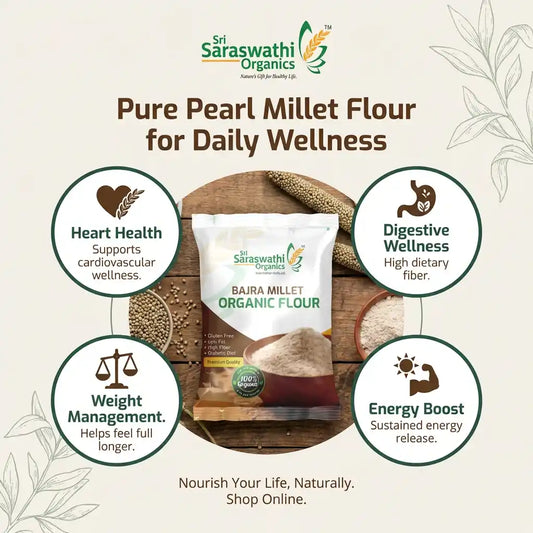 Sri Saraswathi Organics pure pearl millet flour packaging with health benefits on a beige background.