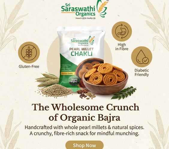 Sri Saraswathi Organics Pearl Millet Chakli with packaging and ingredients on a beige background