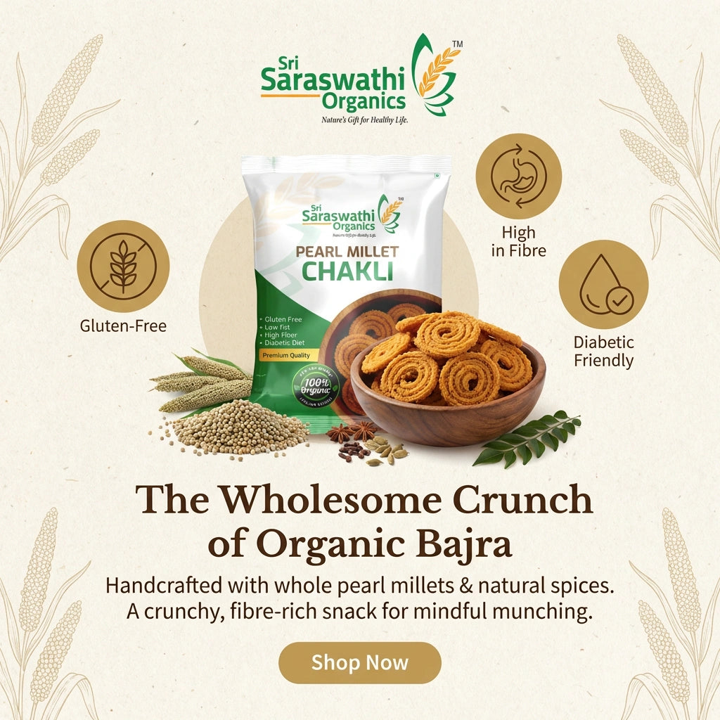 Sri Saraswathi Organics Pearl Millet Chakli with packaging and ingredients on a beige background