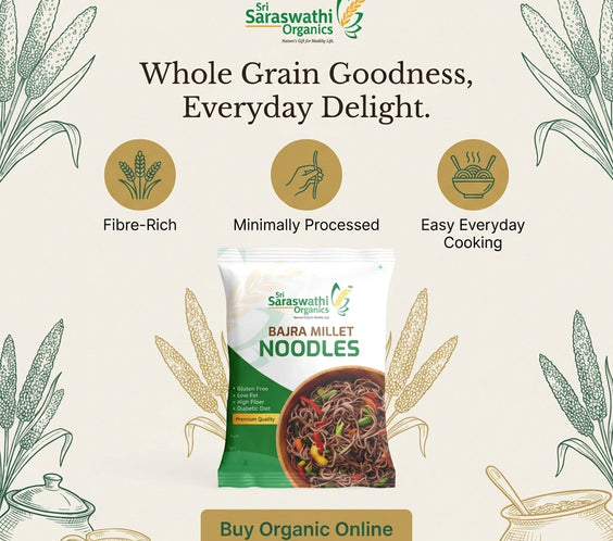 Sri Saraswathi Organics Bajra Millet Noodles packaging with branding and product details on a light background.